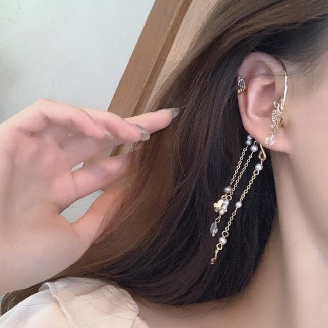 New Trendy Long Butterfly Clip Earrings Ear Hook Pearl Ear Clips Without Pierced Ears Chain Earrings Women Girls Jewelry