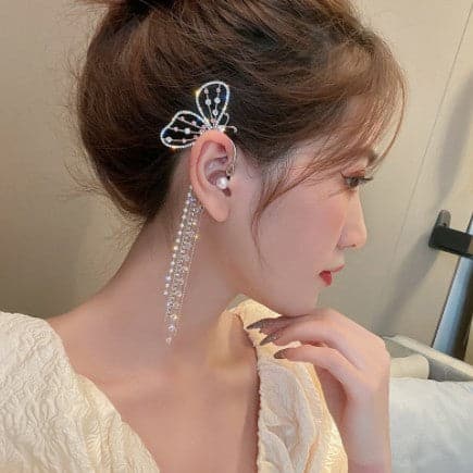 New Trendy Long Butterfly Clip Earrings Ear Hook Pearl Ear Clips Without Pierced Ears Chain Earrings Women Girls Jewelry