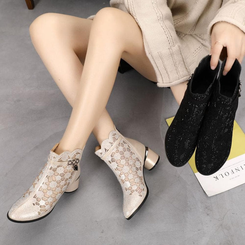 Fashion Rhinestones Gauze Sandals Thick Heels Mesh Autumn Ankle Boots Female Hollow Women's Shoes