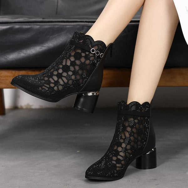 Fashion Rhinestones Gauze Sandals Thick Heels Mesh Autumn Ankle Boots Female Hollow Women's Shoes