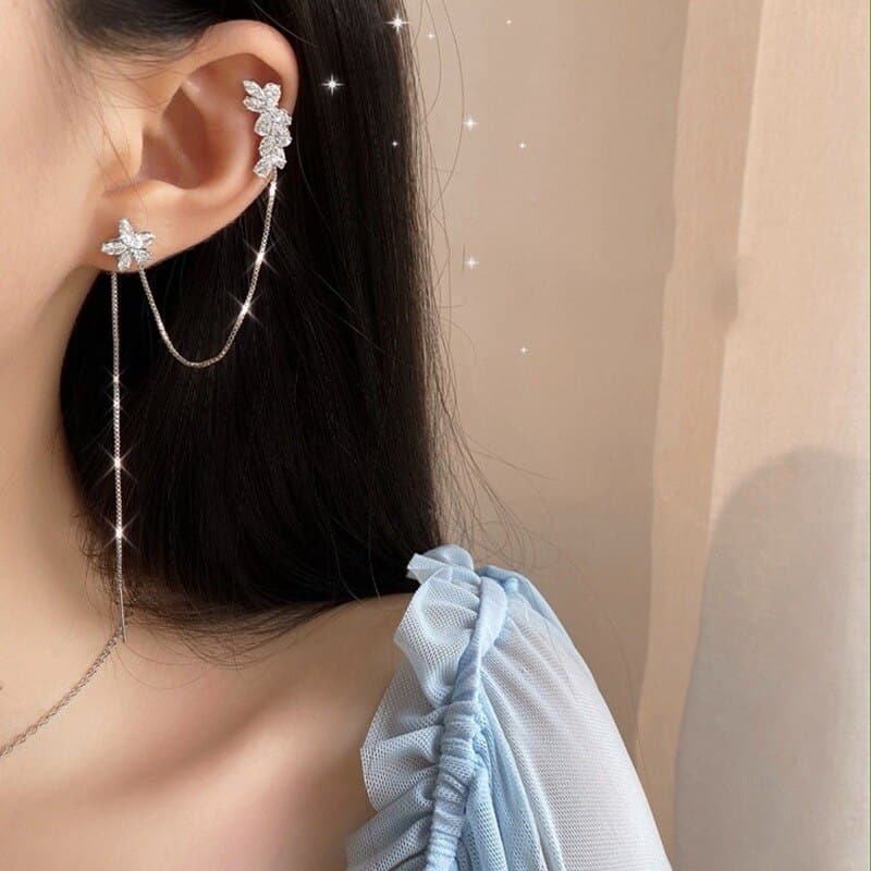 Gold Plated Ear Line Luxury Zircon Leaf Flower Earring For Women Exquisite Ear Cuff Clip Dangle Earring New Design Jewelry