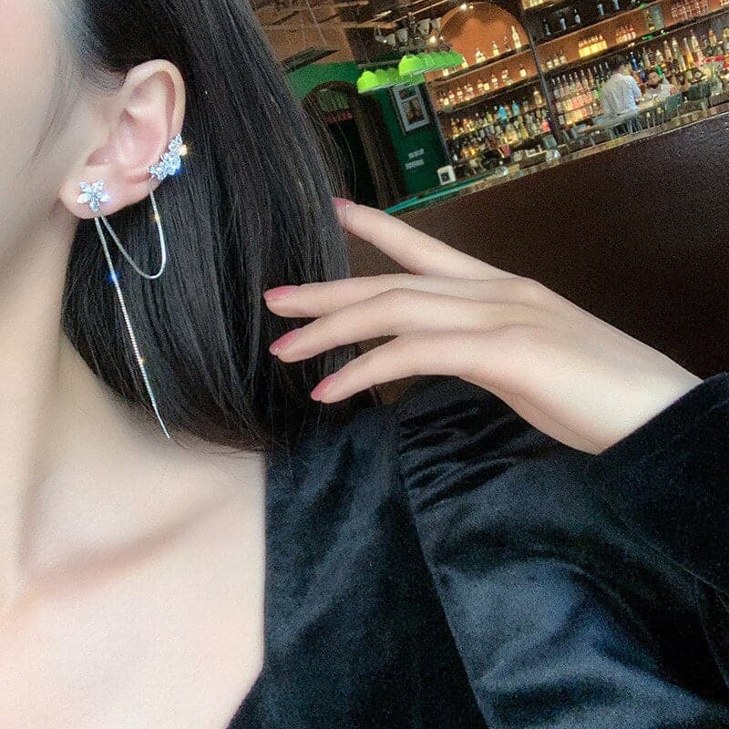 Gold Plated Ear Line Luxury Zircon Leaf Flower Earring For Women Exquisite Ear Cuff Clip Dangle Earring New Design Jewelry