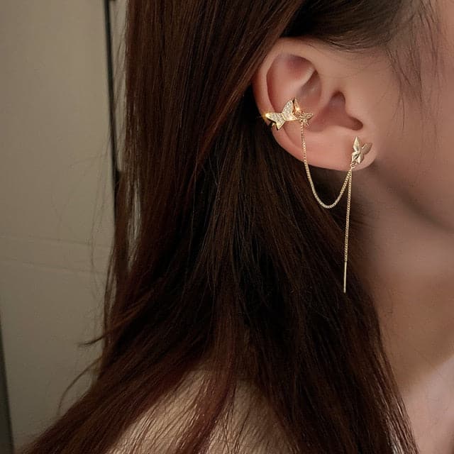 Gold Plated Ear Line Luxury Zircon Leaf Flower Earring For Women Exquisite Ear Cuff Clip Dangle Earring New Design Jewelry