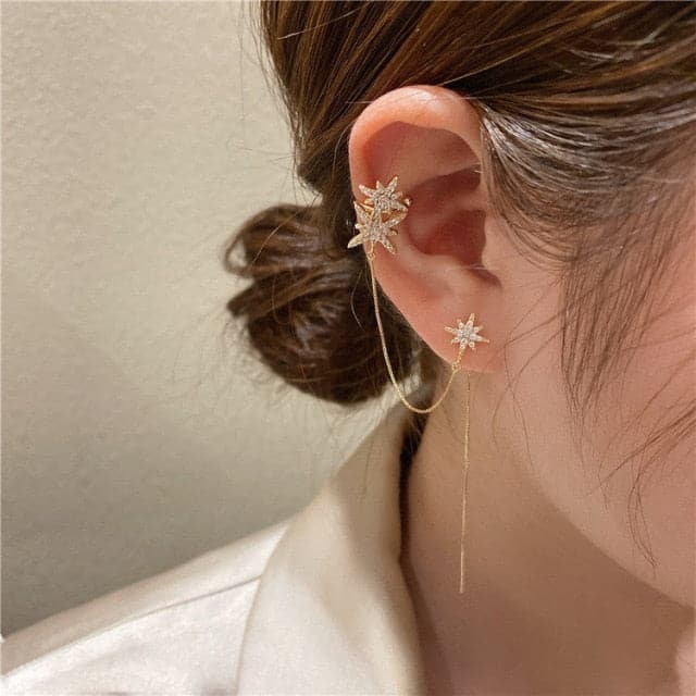 Gold Plated Ear Line Luxury Zircon Leaf Flower Earring For Women Exquisite Ear Cuff Clip Dangle Earring New Design Jewelry