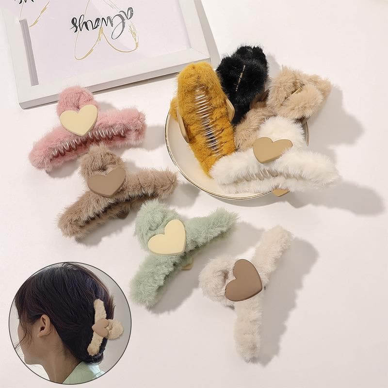 Autumn Winter Plush Hairpin Candy Color Cute And Playful Love Heart Hair Catch Clip Shark Clip Headdress Simple Hair Accessories