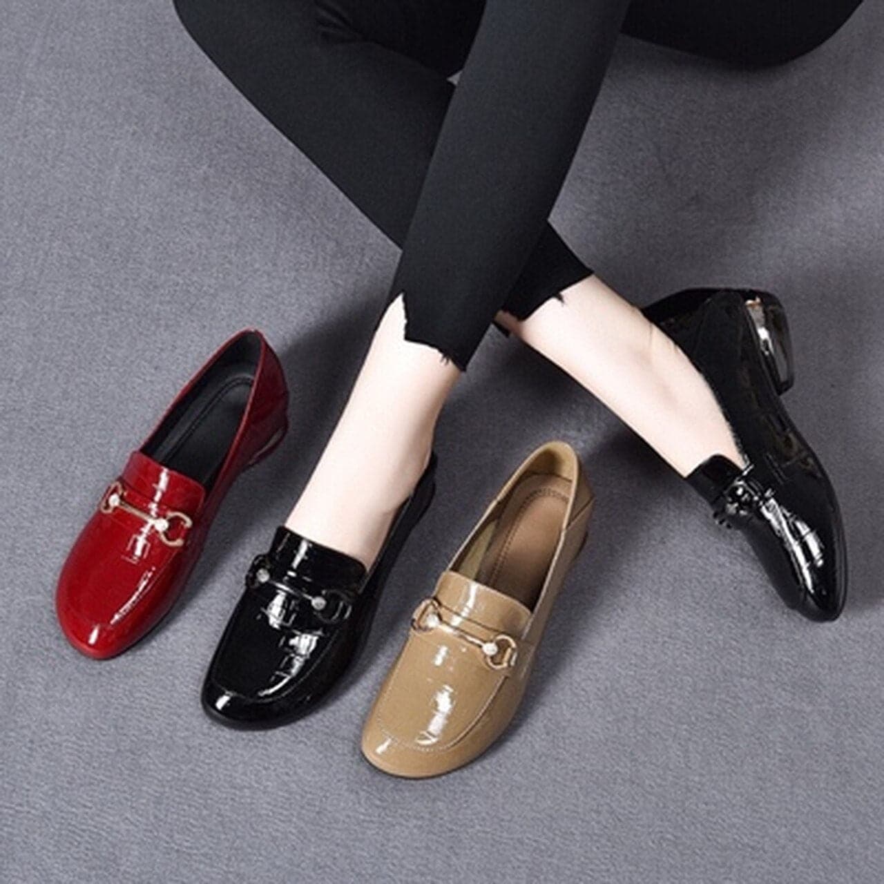 Round Toe Metal Decorative Thick Heel Women Shoes Patent Leather Soft High Heels