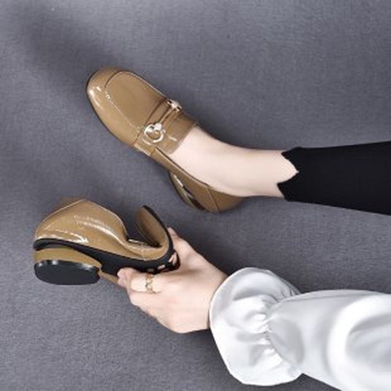 Round Toe Metal Decorative Thick Heel Women Shoes Patent Leather Soft High Heels