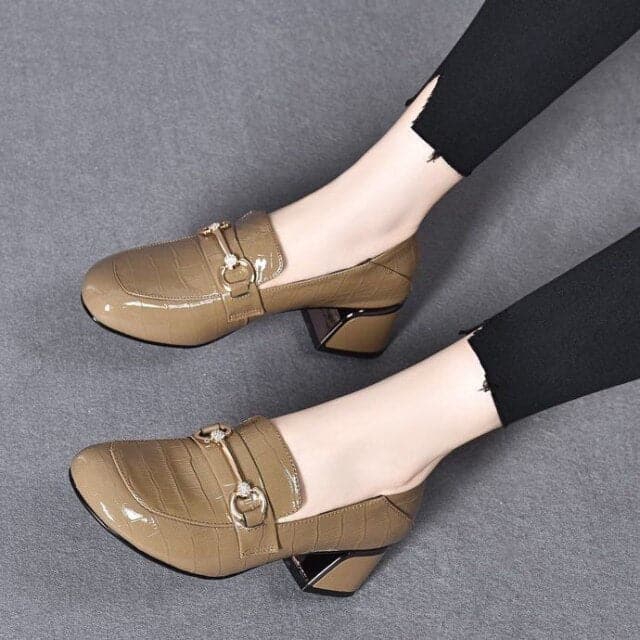 Round Toe Metal Decorative Thick Heel Women Shoes Patent Leather Soft High Heels