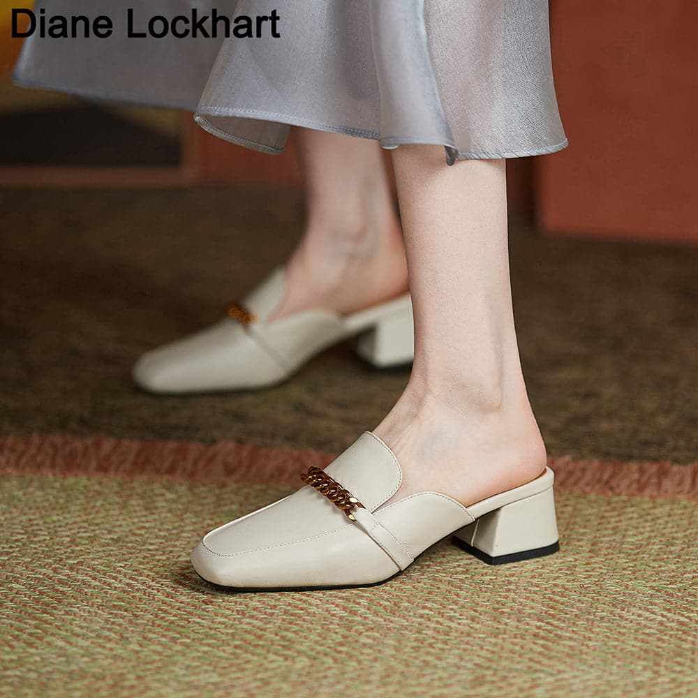 Women Slippers Metal Chain Mules Female Fashion Low Heels Shoes Ladies Elegant Slipper Woman Casual Sandals Outdoor Slides 40