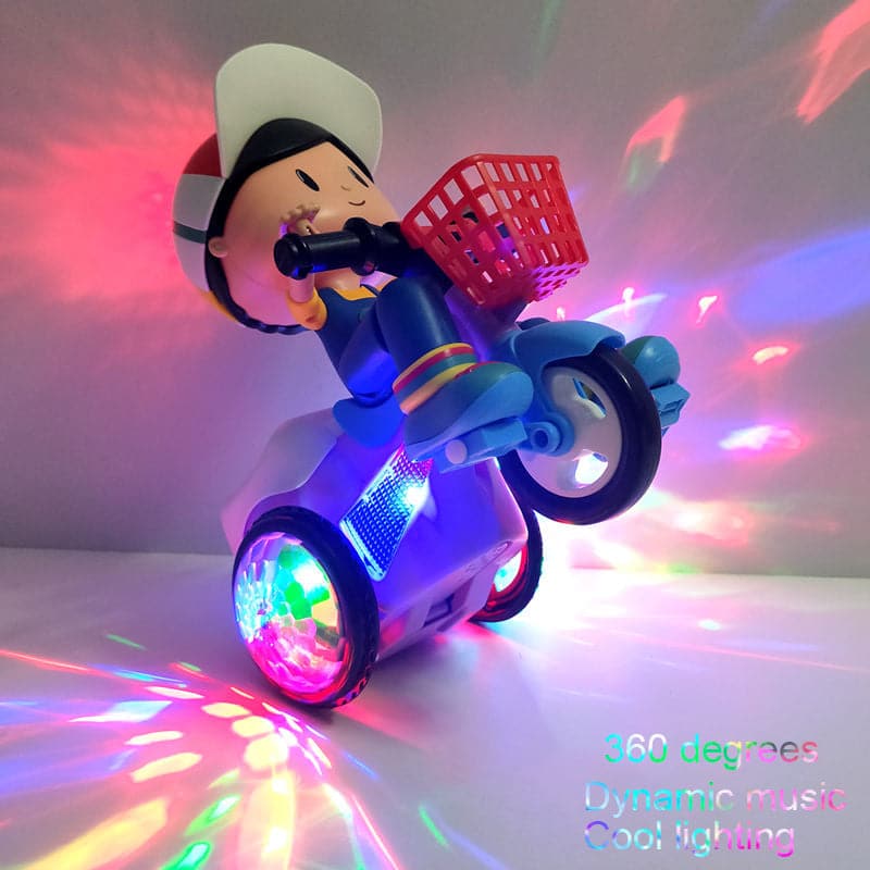 Child Electric Toy Car Cartoon Character Stunt Tricycle Cool Dance and Music 360 Degree Spin Vehicle Tricycle Simulation Gift