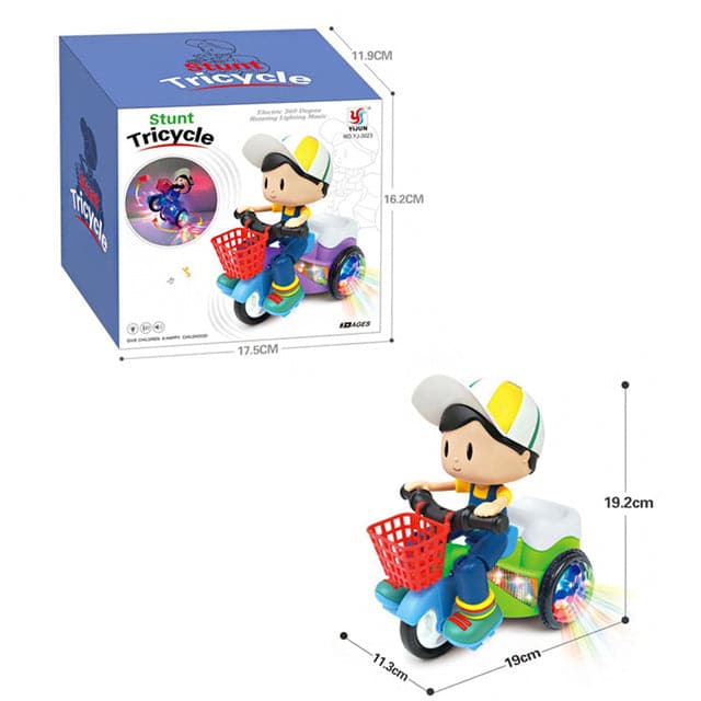 Child Electric Toy Car Cartoon Character Stunt Tricycle Cool Dance and Music 360 Degree Spin Vehicle Tricycle Simulation Gift
