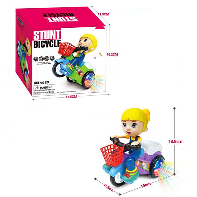 Child Electric Toy Car Cartoon Character Stunt Tricycle Cool Dance and Music 360 Degree Spin Vehicle Tricycle Simulation Gift