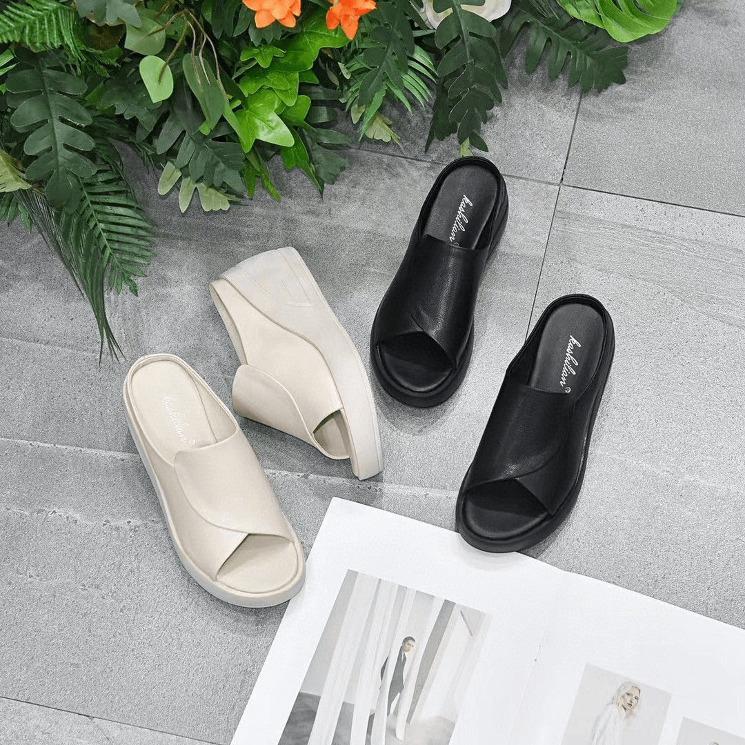 Platform Wedges Slippers Concise Open-Toed Genuine Leather Women Shoes