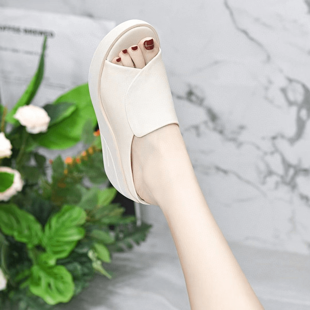 Platform Wedges Slippers Concise Open-Toed Genuine Leather Women Shoes