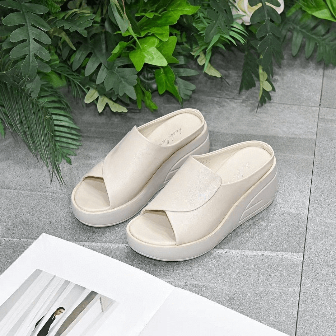 Platform Wedges Slippers Concise Open-Toed Genuine Leather Women Shoes