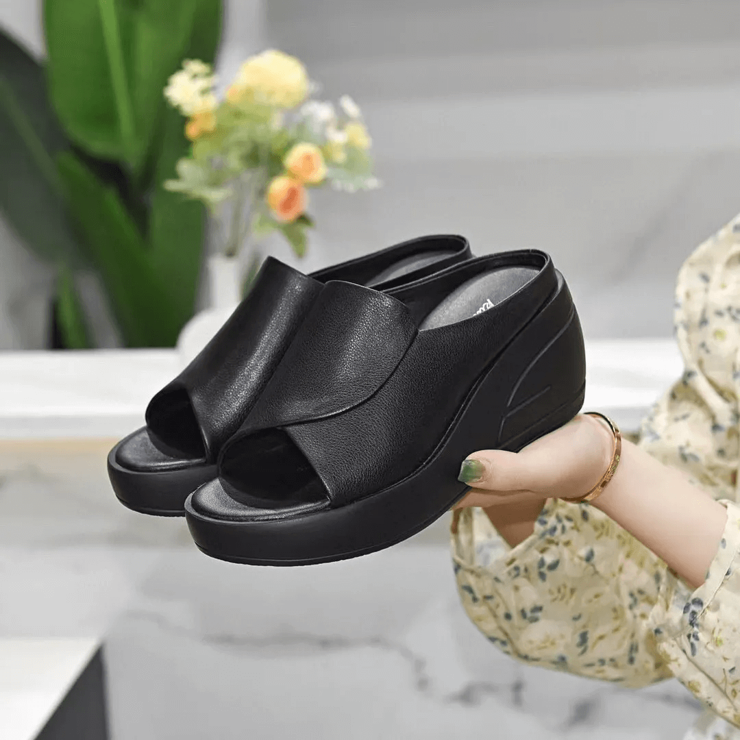 Platform Wedges Slippers Concise Open-Toed Genuine Leather Women Shoes