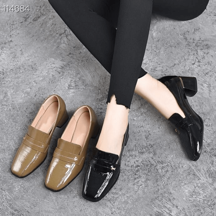 Leather Women's Shoes Square Head Patent Leather Bright Thick Heel Shoes