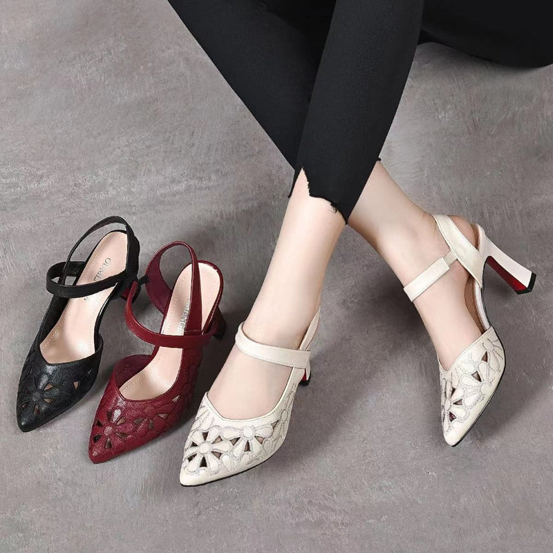 2022 Summer Pointy Hollow Out Thick Heels With One Word Sandals For Women