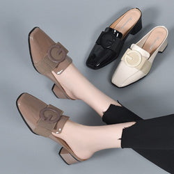New 2023 Summer Loafers Square Toe Thick Heels for Women Mid-heel Covered Leather