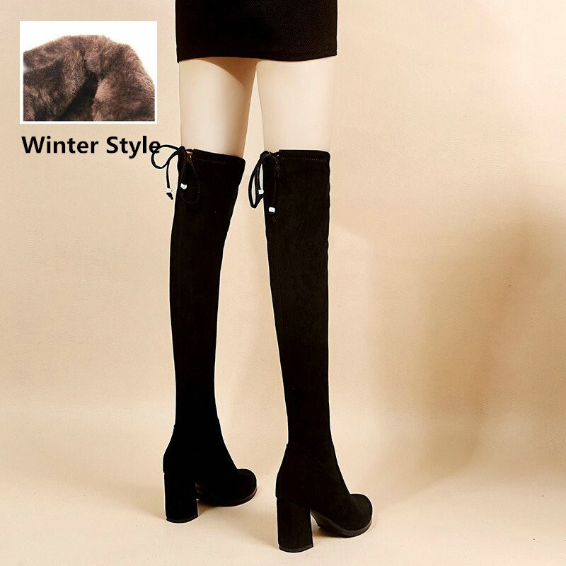 New Plus Velvet High Heel Over The Knee Boots Women's Shoes Casual Thick Heel Stretch Boots