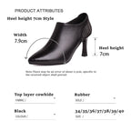 Woman Pointy High Heels Leather Boots Deep Mouth Black Retro Shoes