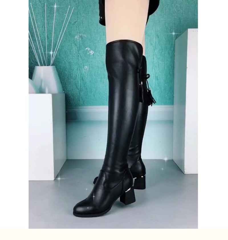 Leather Rider Boots Bow Stretch Over The Knee Boots