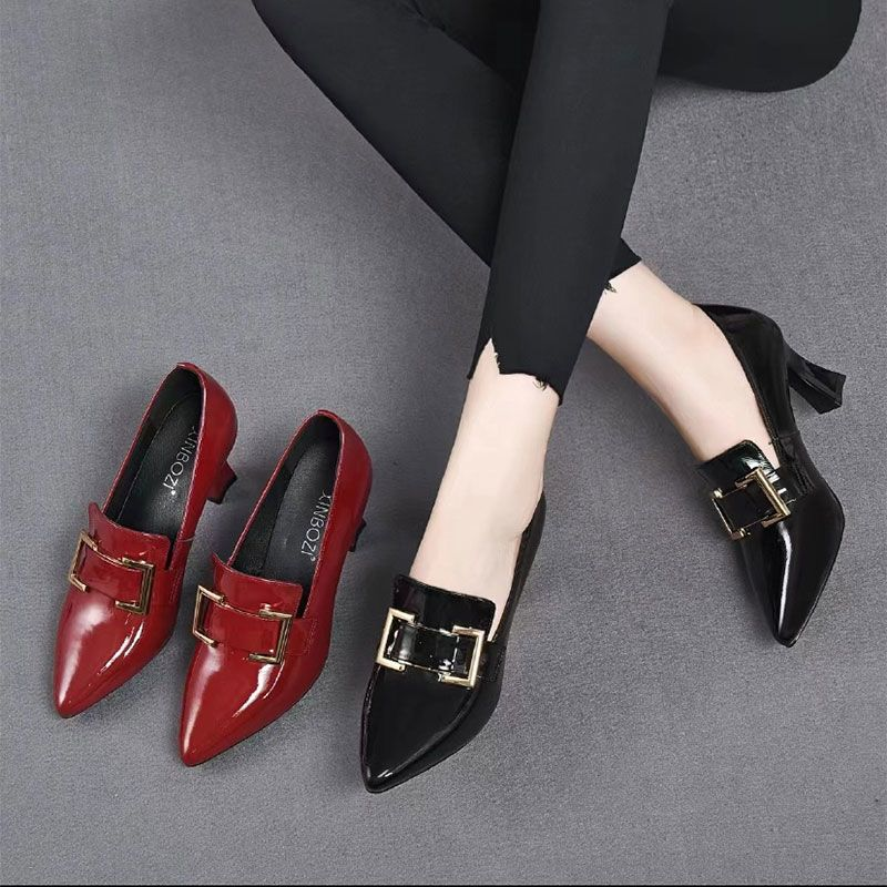 Patent Leather Shoes Pointed Stubby Heels Fashion Women Deep High Heels