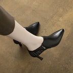 Woman Pointy High Heels Leather Boots Deep Mouth Black Retro Shoes