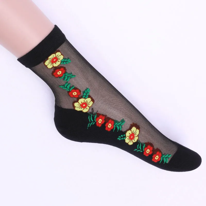 6PCS Women's Sole Silk Stockings Thin Embroidered Mid-tube Socks