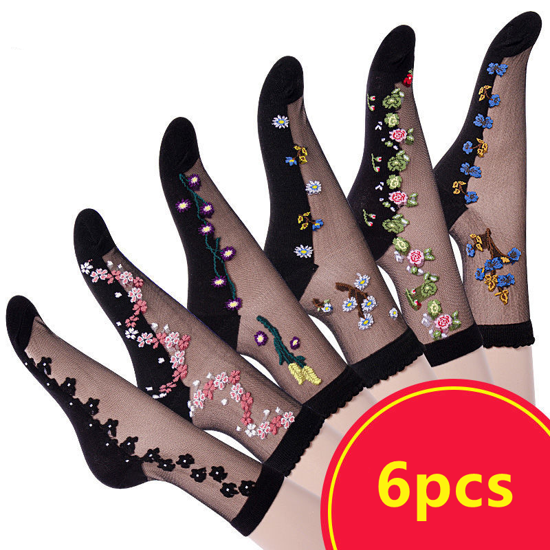 6PCS Women's Sole Silk Stockings Thin Embroidered Mid-tube Socks