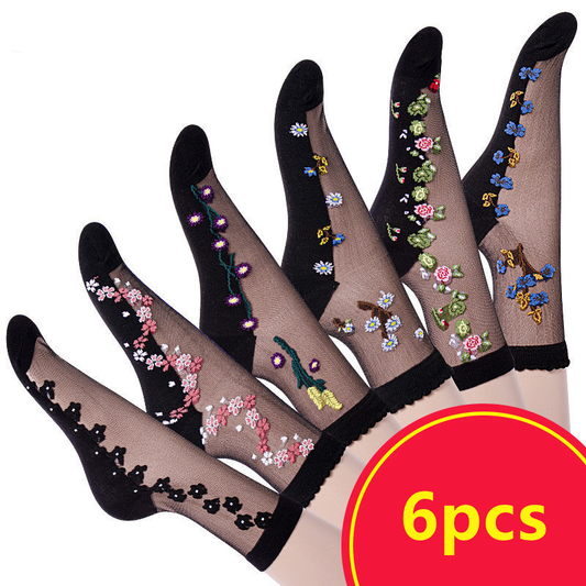 6PCS Women's Sole Silk Stockings Thin Embroidered Mid-tube Socks
