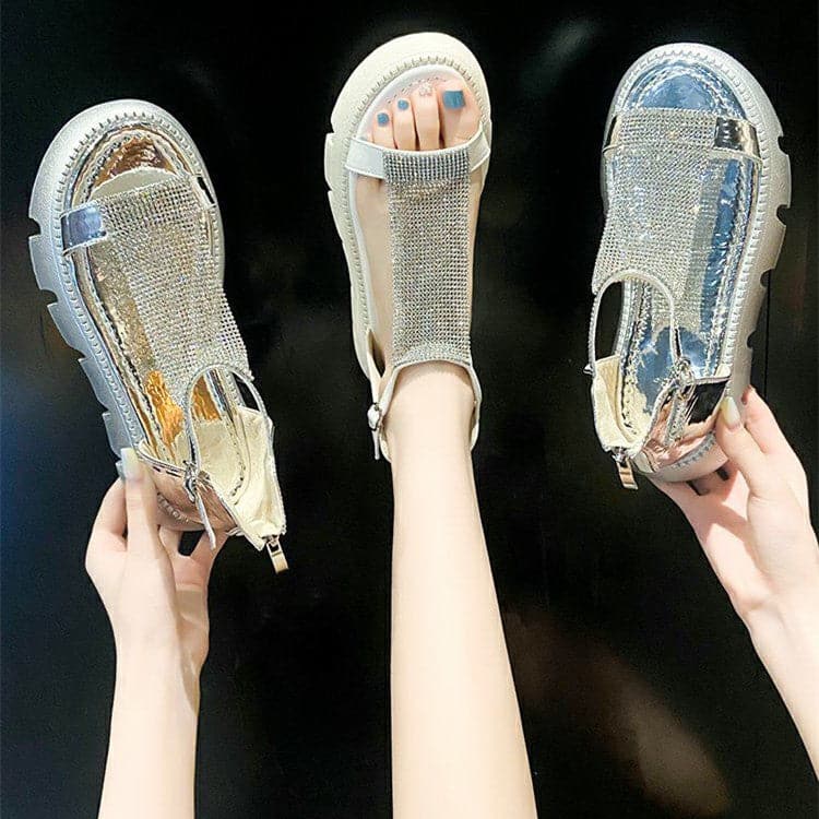 Rhinestone Platform Sandals Women's Summer 2023 Fashion Casual Sponge Cake Beach Sandals
