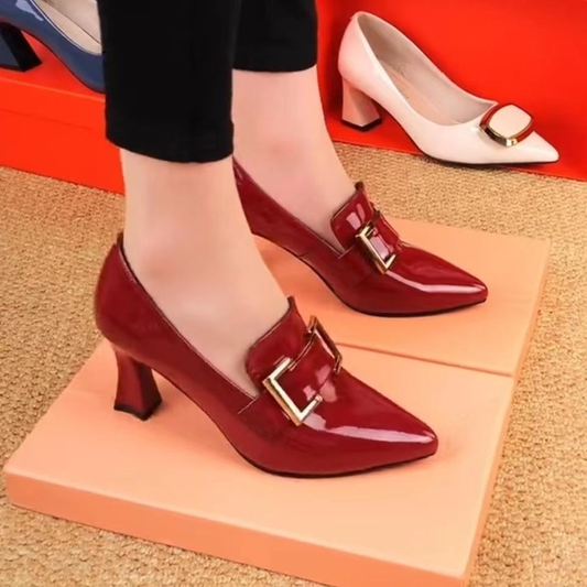 Patent Leather Shoes Pointed Stubby Heels Fashion Women Deep High Heels