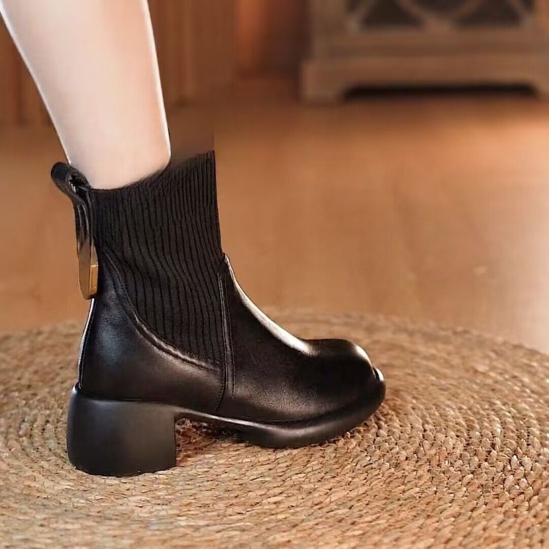 Concise Office Lady Women Ankle Boots Genuine Leather Knitting Thick Heels Autumn Winter Casual Shoes