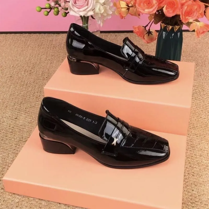 Leather Women's Shoes Square Head Patent Leather Bright Thick Heel Shoes