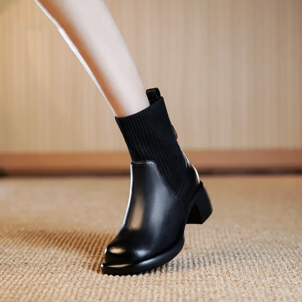 Concise Office Lady Women Ankle Boots Genuine Leather Knitting Thick Heels Autumn Winter Casual Shoes
