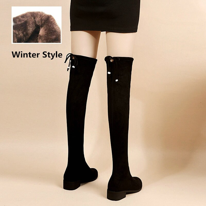 New Plus Velvet High Heel Over The Knee Boots Women's Shoes Casual Thick Heel Stretch Boots