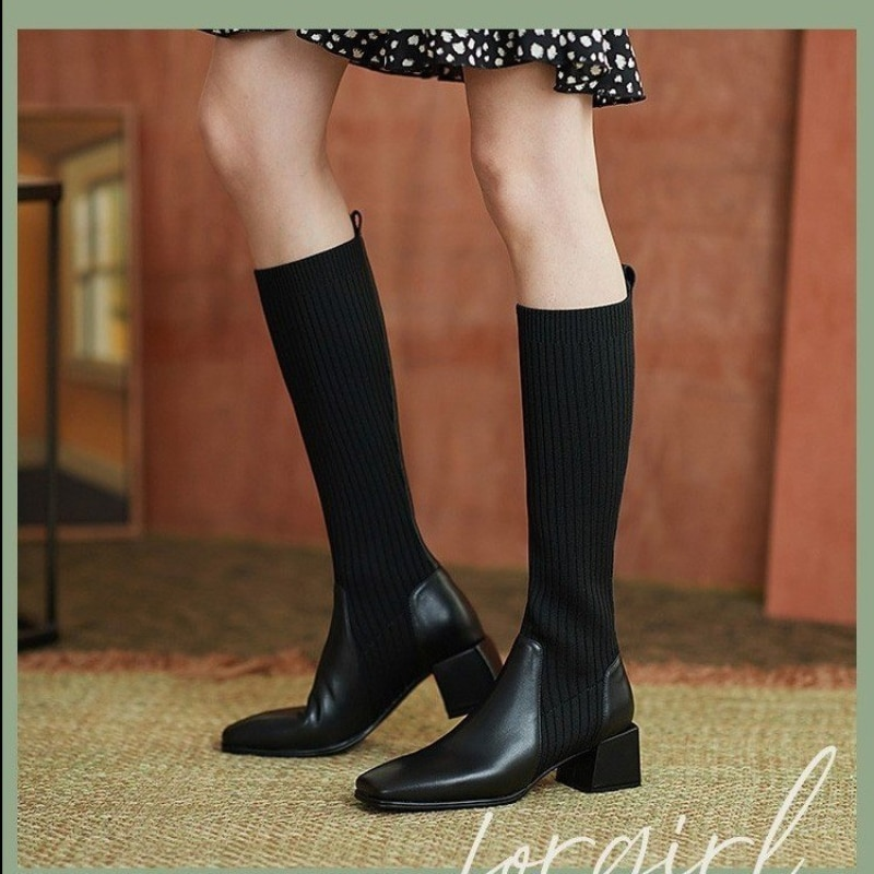 Slim Knee-High Sock Boots Knitting Stretch Cloth Leather Stitching Women Long Boots Female Square Toe High Heels