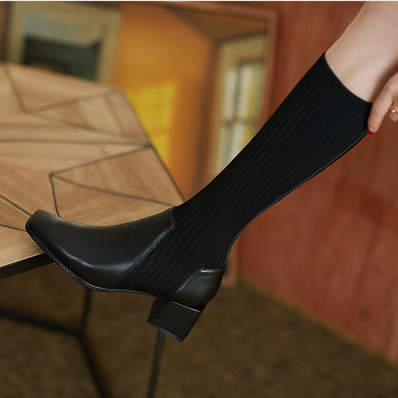 Slim Knee-High Sock Boots Knitting Stretch Cloth Leather Stitching Women Long Boots Female Square Toe High Heels