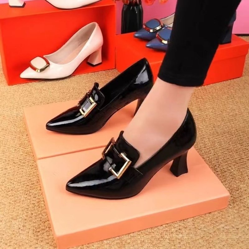 Patent Leather Shoes Pointed Stubby Heels Fashion Women Deep High Heels