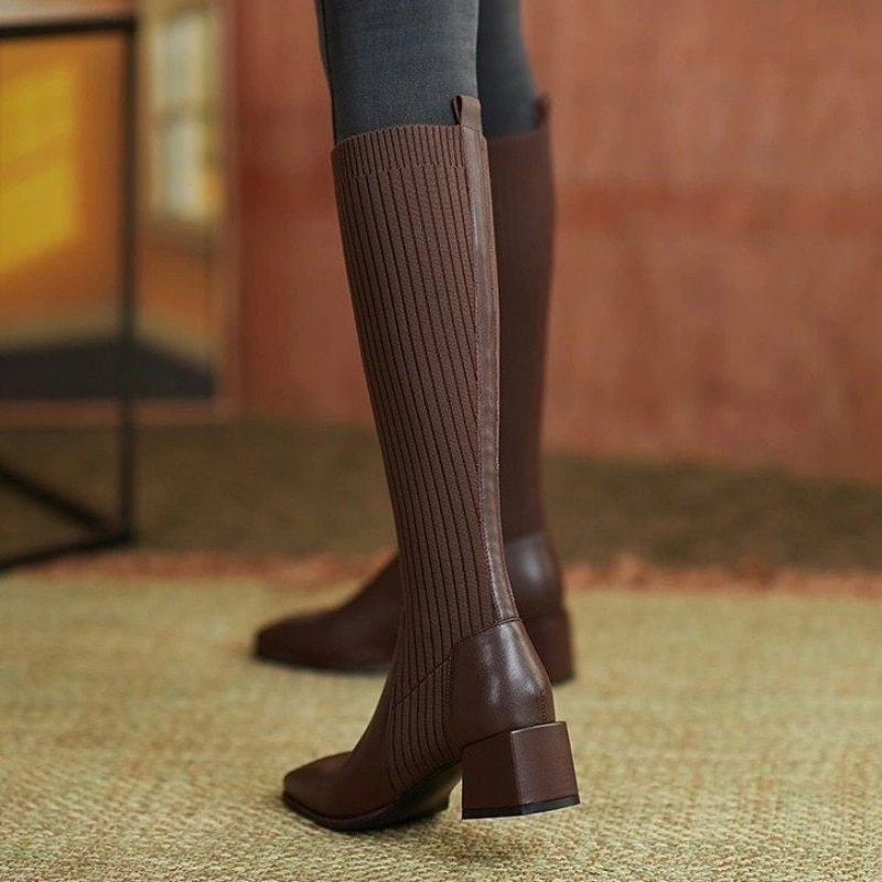 Slim Knee-High Sock Boots Knitting Stretch Cloth Leather Stitching Women Long Boots Female Square Toe High Heels