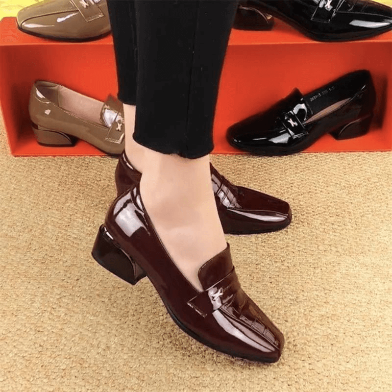 Leather Women's Shoes Square Head Patent Leather Bright Thick Heel Shoes