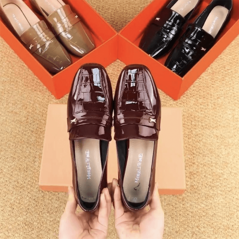 Leather Women's Shoes Square Head Patent Leather Bright Thick Heel Shoes