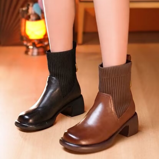 Concise Office Lady Women Ankle Boots Genuine Leather Knitting Thick Heels Autumn Winter Casual Shoes