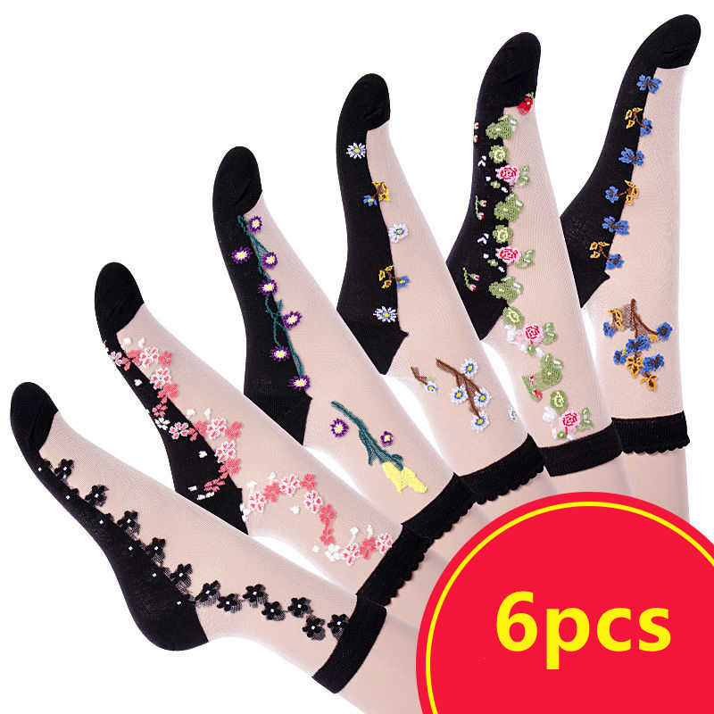 6PCS Women's Sole Silk Stockings Thin Embroidered Mid-tube Socks