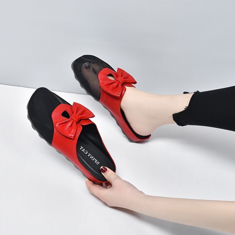 Soft Soled Genuine Leather Low Heel Bow Net Slippers for Women's Sandals