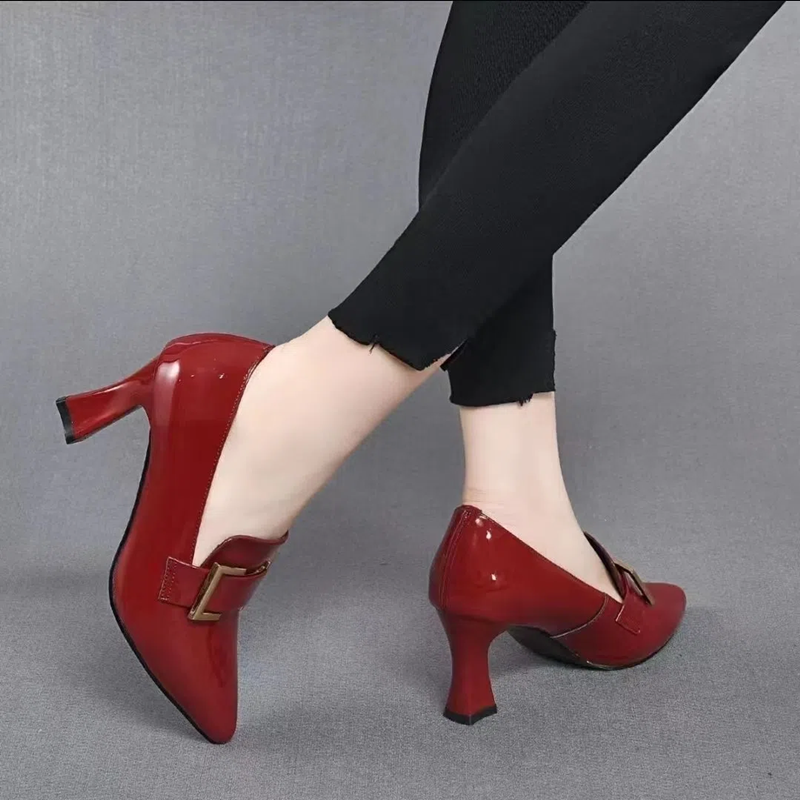 Patent Leather Shoes Pointed Stubby Heels Fashion Women Deep High Heels