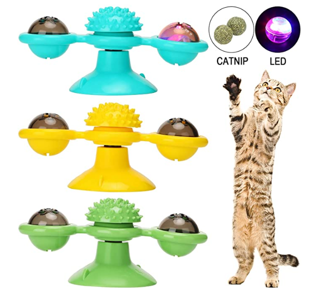 Cat Toys Rotating Windmill with LED Lights Cat Toys Funny Cat Interactive Toys  Catnip Ball Cat Brushes, Turntable Massage, Scratching, Molar, Suction Cup Toys