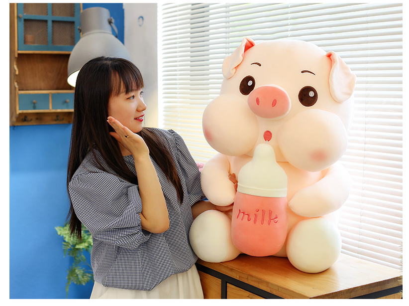 Cute Piggy with Milk Tea Bottle Funny Stuffed Toy Pig Doll Birthday Gifts for Kids Children