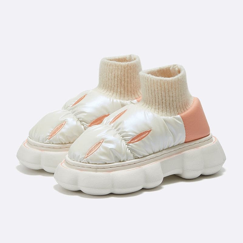 Down Cloth Platform Cotton Slippers Women Winter Indoor Outdoor Shoes Waterproof Warm Plush Home Wrapped Heel Shoes